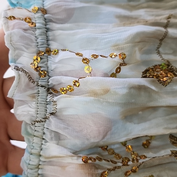 Nygard Blouse Off Shoulder Blue Tan White Gold Sequins Off Shoulder Peasant Sz L - Picture 9 of 13